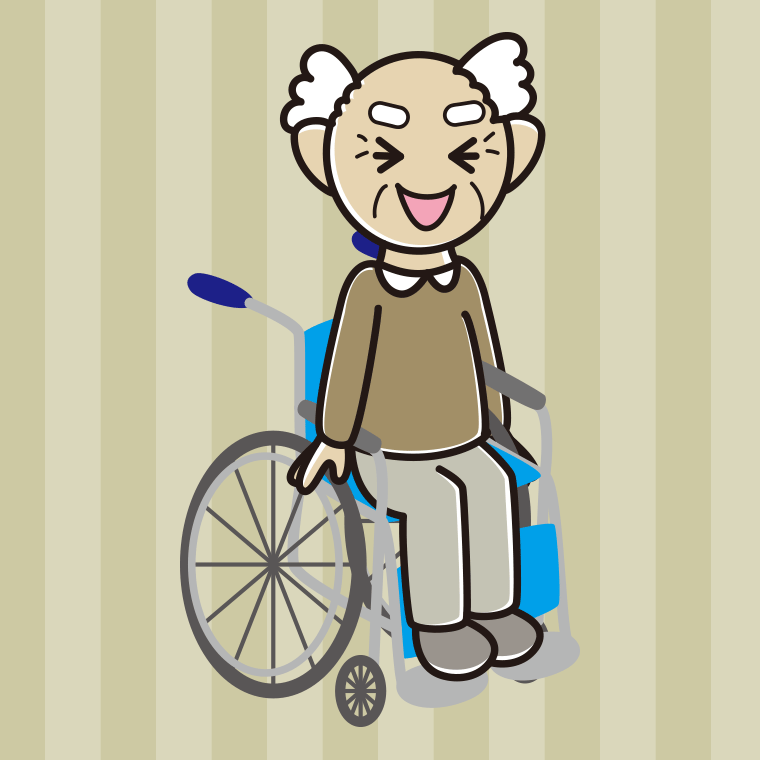 車椅子で笑うおじいさんのイラスト【色、背景あり】PNG
