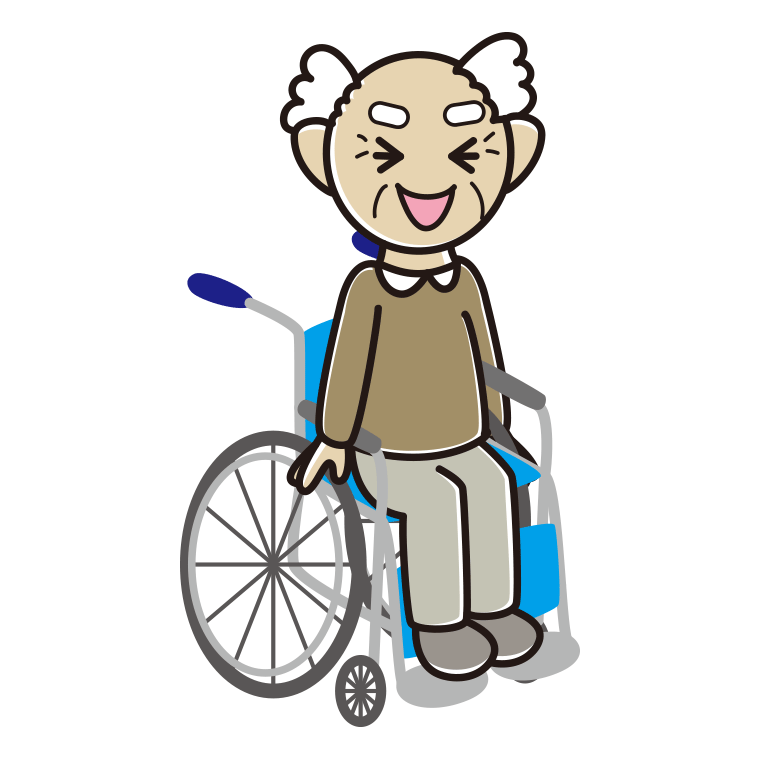 車椅子で笑うおじいさんのイラスト【色あり、背景なし】透過PNG