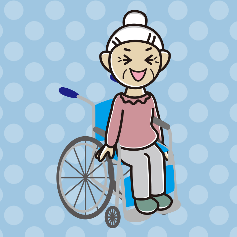 車椅子で笑うおばあさんのイラスト【色、背景あり】PNG