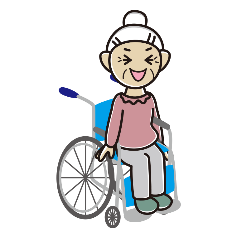 車椅子で笑うおばあさんのイラスト【色あり、背景なし】透過PNG