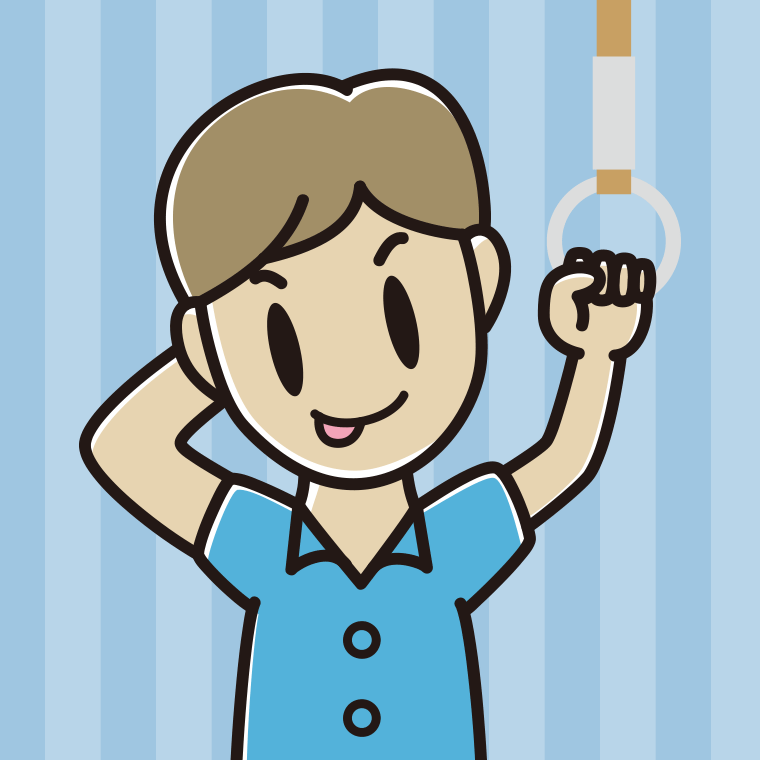 つり革につかまりテヘヘな男性会社員（クールビズ）のイラスト【色、背景あり】PNG