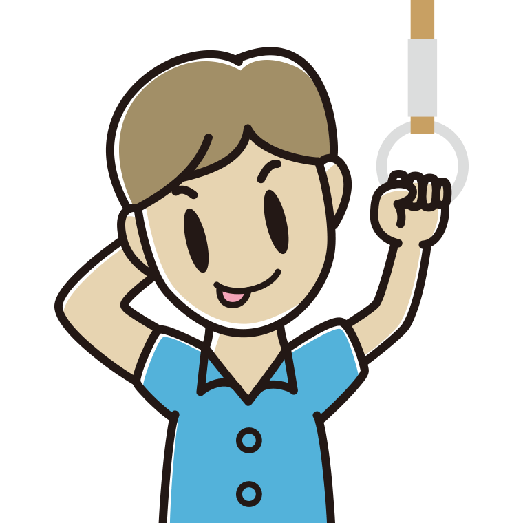 つり革につかまりテヘヘな男性会社員（クールビズ）のイラスト【色あり、背景なし】透過PNG