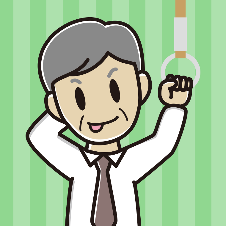 つり革につかまりテヘヘな年配男性会社員（ワイシャツ）のイラスト【色、背景あり】PNG