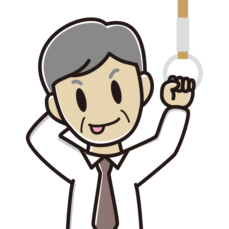 つり革につかまりテヘヘな年配男性会社員（ワイシャツ）のイラスト【色あり、背景なし】透過PNG