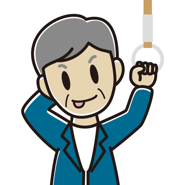 つり革につかまりテヘヘな年配男性会社員（カジュアル）のイラスト【色あり、背景なし】透過PNG