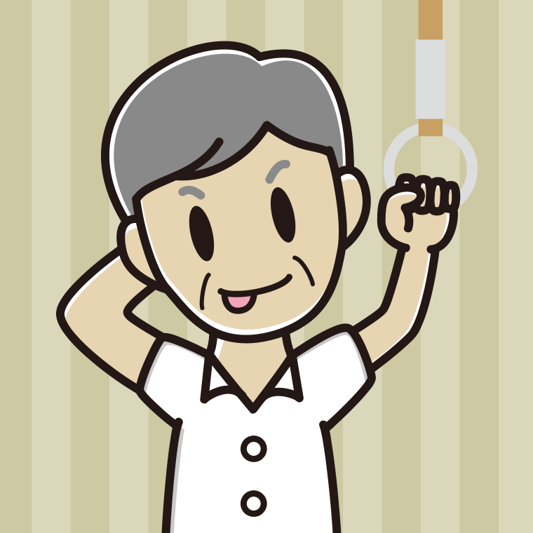 つり革につかまりテヘヘな年配男性会社員（クールビズ）のイラスト【色、背景あり】PNG