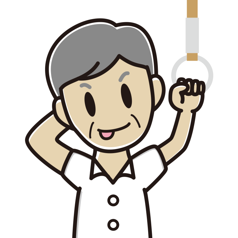 つり革につかまりテヘヘな年配男性会社員（クールビズ）のイラスト【色あり、背景なし】透過PNG