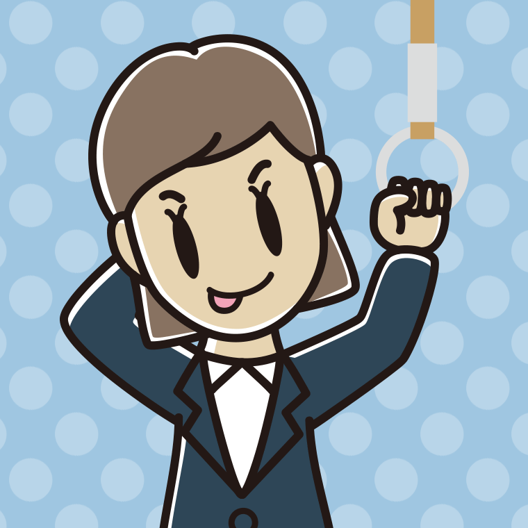 つり革につかまりテヘヘな女性会社員のイラスト【色、背景あり】PNG