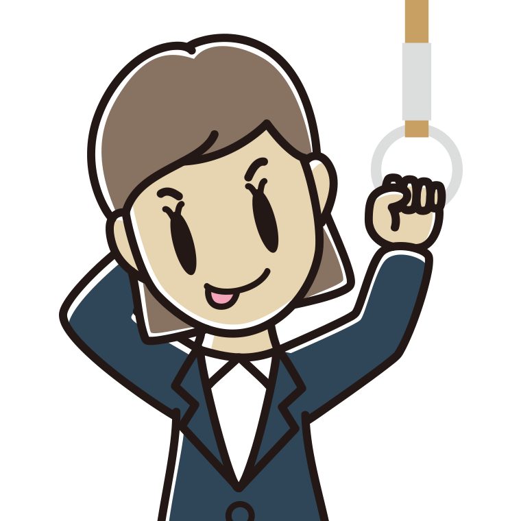 つり革につかまりテヘヘな女性会社員のイラスト【色あり、背景なし】透過PNG