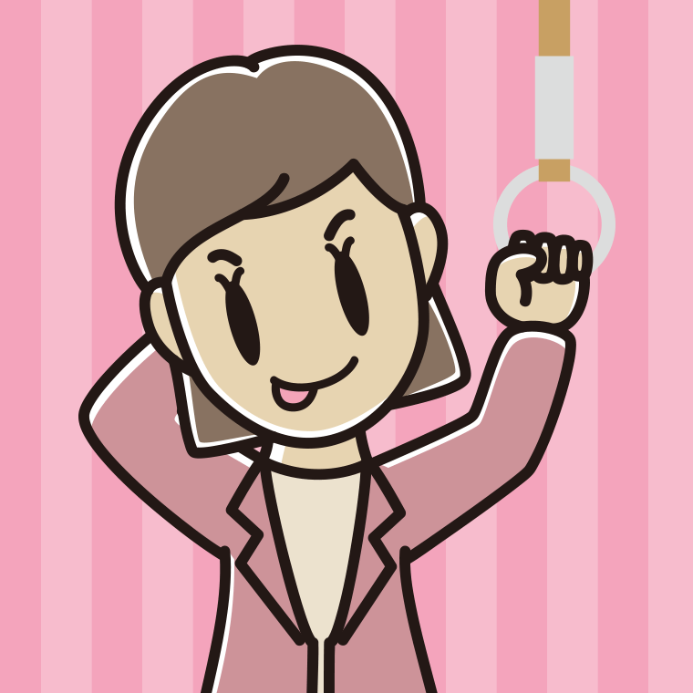 つり革につかまりテヘヘな女性会社員（カジュアル）のイラスト【色、背景あり】PNG
