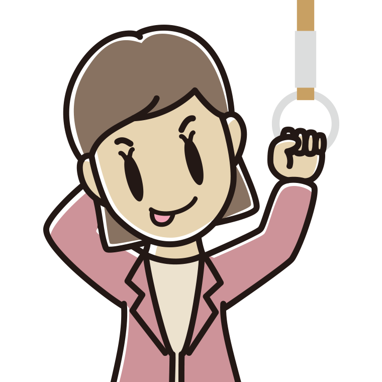 つり革につかまりテヘヘな女性会社員（カジュアル）のイラスト【色あり、背景なし】透過PNG