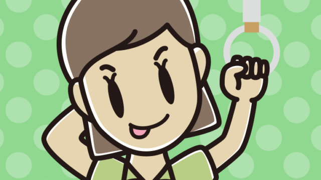 つり革につかまりテヘヘな女性会社員（クールビズ）のイラスト【色、背景あり】PNG