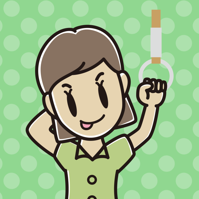 つり革につかまりテヘヘな女性会社員（クールビズ）のイラスト【色、背景あり】PNG