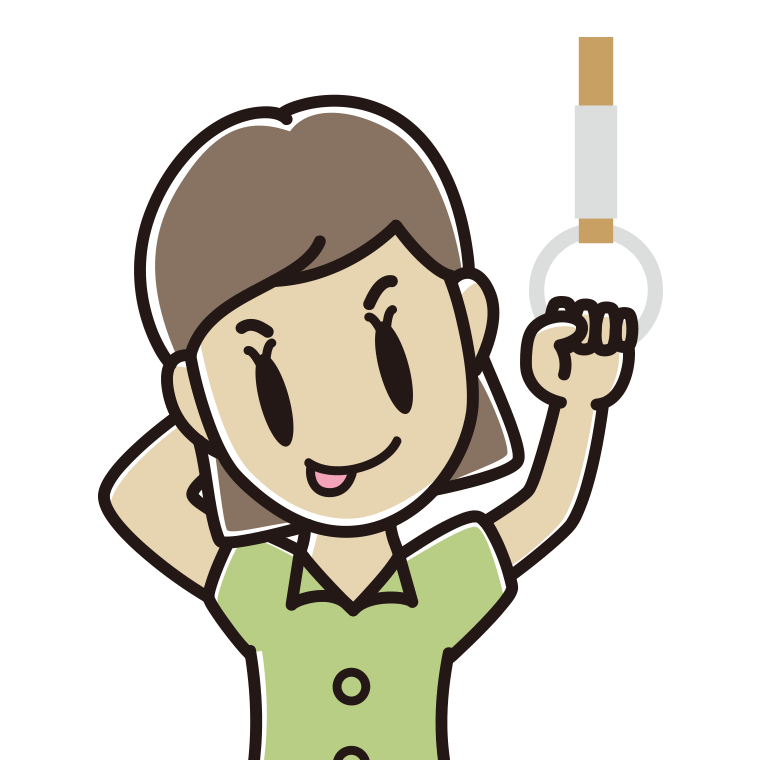 つり革につかまりテヘヘな女性会社員（クールビズ）のイラスト【色あり、背景なし】透過PNG
