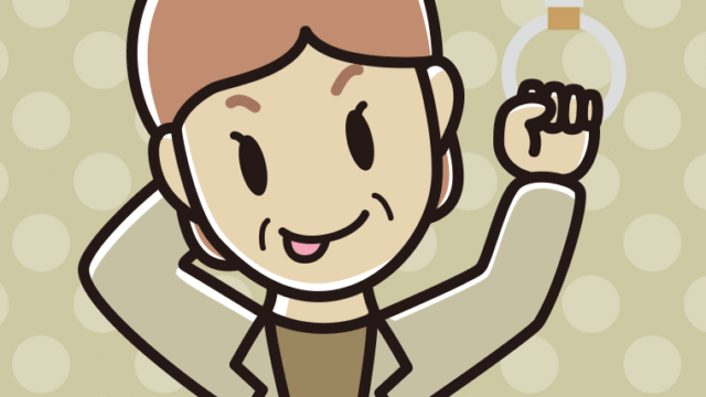 つり革につかまりテヘヘな年配女性会社員（カジュアル）のイラスト【色、背景あり】PNG