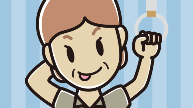 つり革につかまりテヘヘな年配女性会社員（クールビズ）のイラスト【色、背景あり】PNG