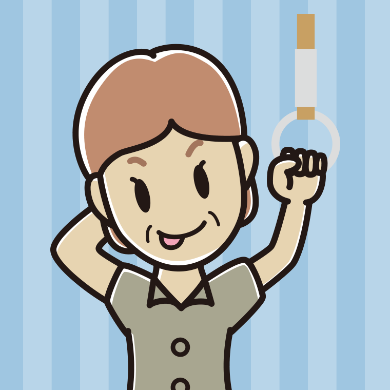 つり革につかまりテヘヘな年配女性会社員（クールビズ）のイラスト【色、背景あり】PNG