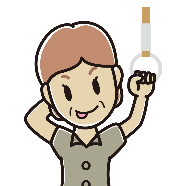 つり革につかまりテヘヘな年配女性会社員（クールビズ）のイラスト【色あり、背景なし】透過PNG