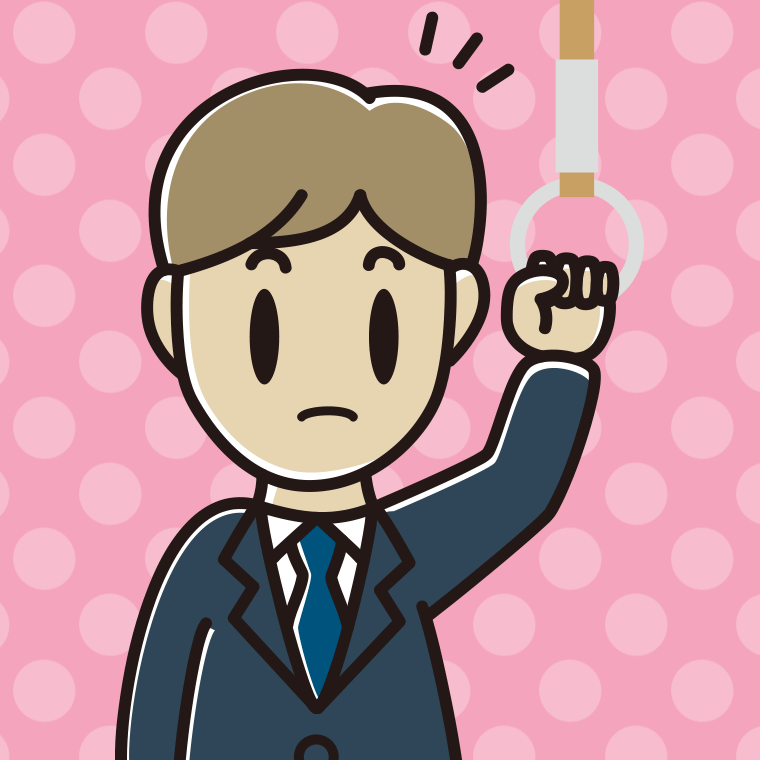 つり革につかまり何かに気付く男性会社員のイラスト【色、背景あり】PNG