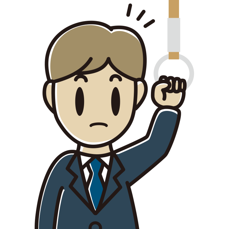 つり革につかまり何かに気付く男性会社員のイラスト【色あり、背景なし】透過PNG