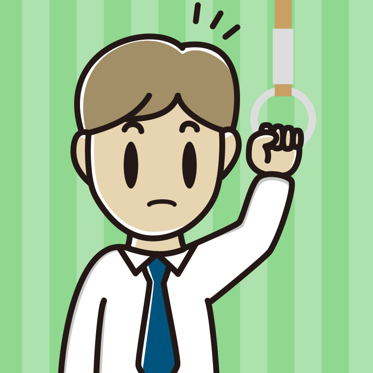 つり革につかまり何かに気付く男性会社員（ワイシャツ）のイラスト【色、背景あり】PNG