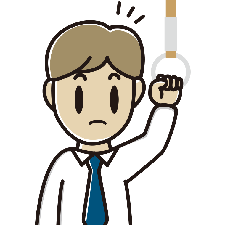 つり革につかまり何かに気付く男性会社員（ワイシャツ）のイラスト【色あり、背景なし】透過PNG