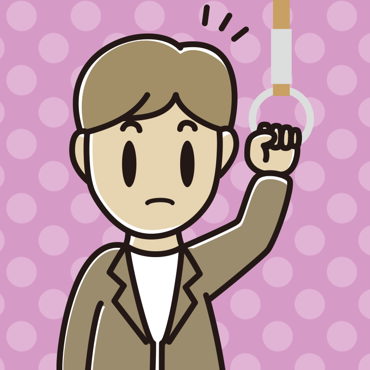 つり革につかまり何かに気付く男性会社員（カジュアル）のイラスト【色、背景あり】PNG
