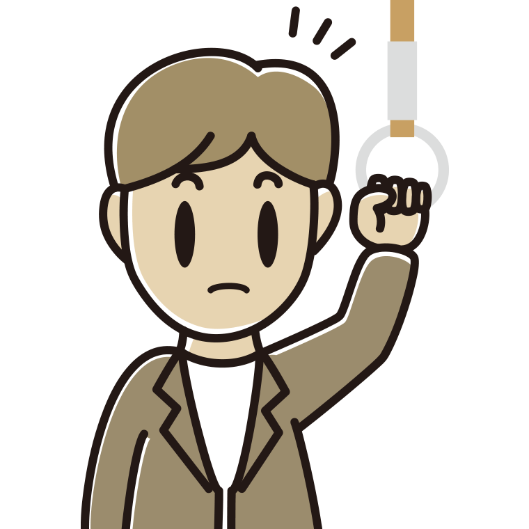 つり革につかまり何かに気付く男性会社員（カジュアル）のイラスト【色あり、背景なし】透過PNG