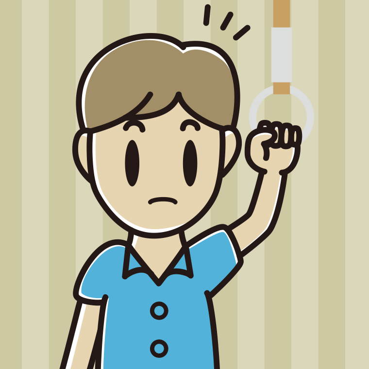 つり革につかまり何かに気付く男性会社員（クールビズ）のイラスト【色、背景あり】PNG