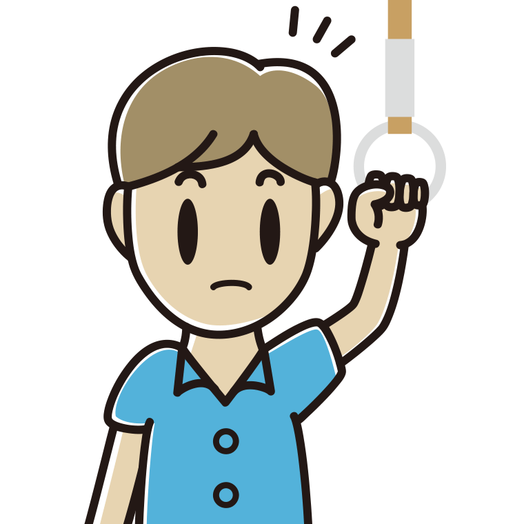 つり革につかまり何かに気付く男性会社員（クールビズ）のイラスト【色あり、背景なし】透過PNG