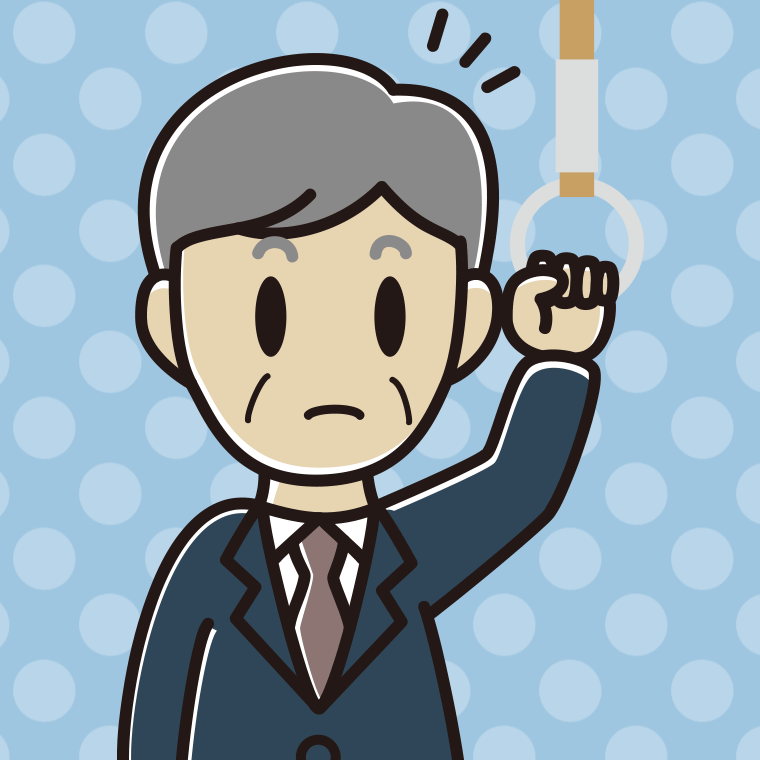 つり革につかまり何かに気付く年配男性会社員のイラスト【色、背景あり】PNG