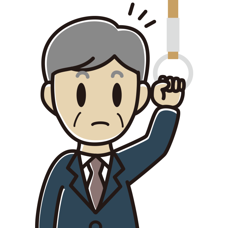 つり革につかまり何かに気付く年配男性会社員のイラスト【色あり、背景なし】透過PNG