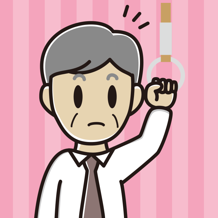 つり革につかまり何かに気付く年配男性会社員（ワイシャツ）のイラスト【色、背景あり】PNG