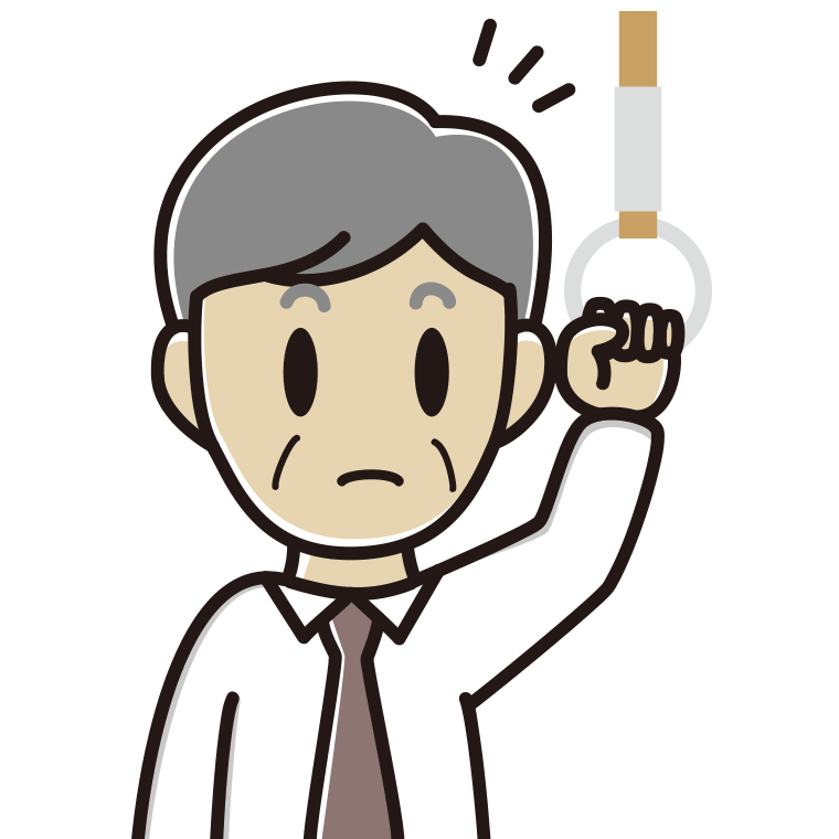 つり革につかまり何かに気付く年配男性会社員（ワイシャツ）のイラスト【色あり、背景なし】透過PNG