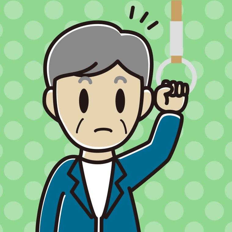 つり革につかまり何かに気付く年配男性会社員（カジュアル）のイラスト【色、背景あり】PNG