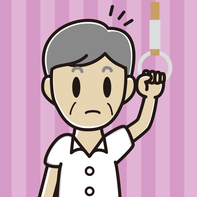 つり革につかまり何かに気付く年配男性会社員（クールビズ）のイラスト【色、背景あり】PNG