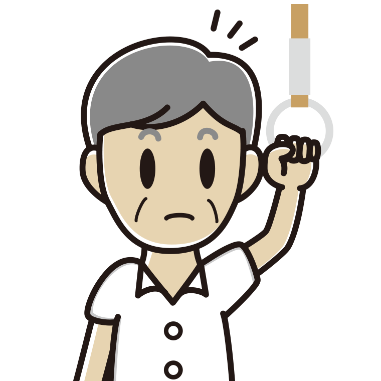 つり革につかまり何かに気付く年配男性会社員（クールビズ）のイラスト【色あり、背景なし】透過PNG