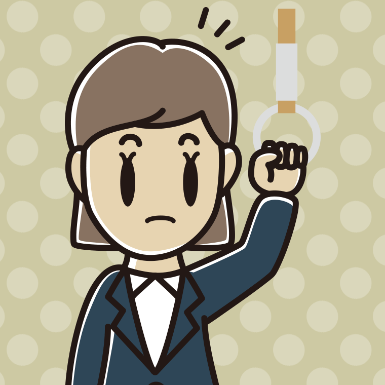 つり革につかまり何かに気付く女性会社員のイラスト【色、背景あり】PNG