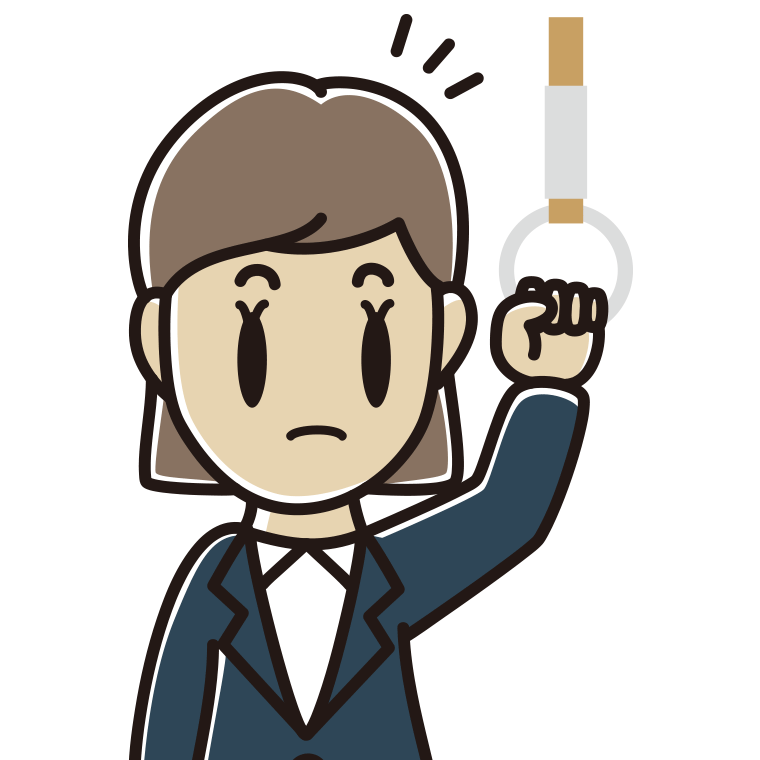 つり革につかまり何かに気付く女性会社員のイラスト【色あり、背景なし】透過PNG