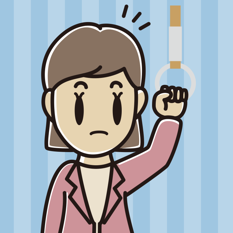 つり革につかまり何かに気付く女性会社員（カジュアル）のイラスト【色、背景あり】PNG