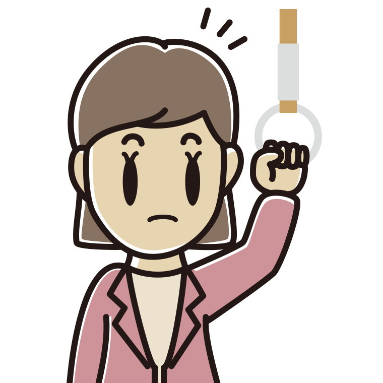 つり革につかまり何かに気付く女性会社員（カジュアル）のイラスト【色あり、背景なし】透過PNG
