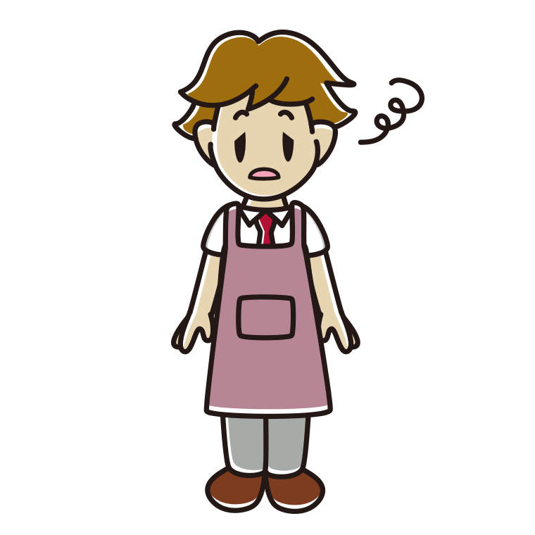 ぼーっとするエプロン姿の男子高校生のイラスト【色あり、背景なし】透過PNG