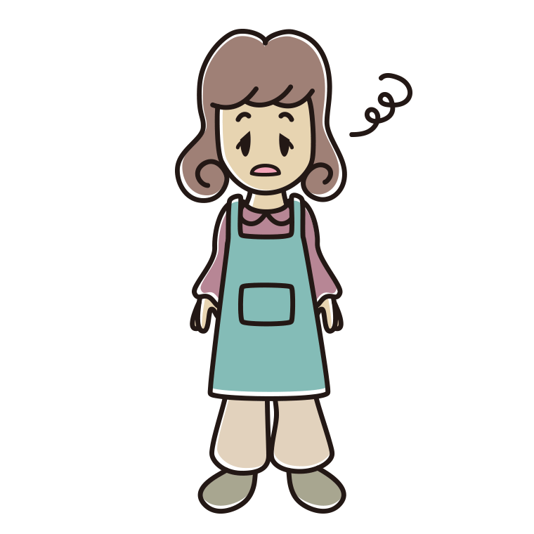 ぼーっとするエプロン姿の女子大学生のイラスト【色あり、背景なし】透過PNG