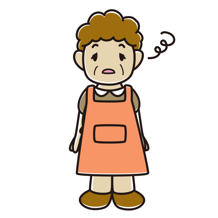 ぼーっとするエプロン姿のおばさんのイラスト【色あり、背景なし】透過PNG