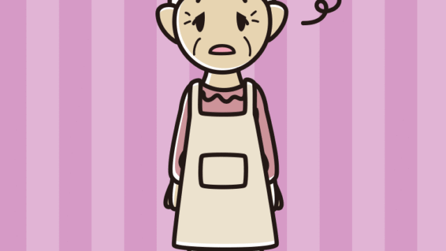 ぼーっとするエプロン姿のおばあさんのイラスト【色、背景あり】PNG