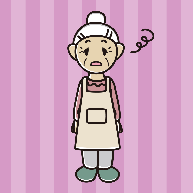 ぼーっとするエプロン姿のおばあさんのイラスト【色、背景あり】PNG