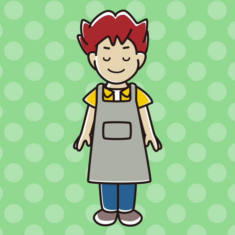 目を閉じるエプロン姿の男子大学生のイラスト【色、背景あり】PNG