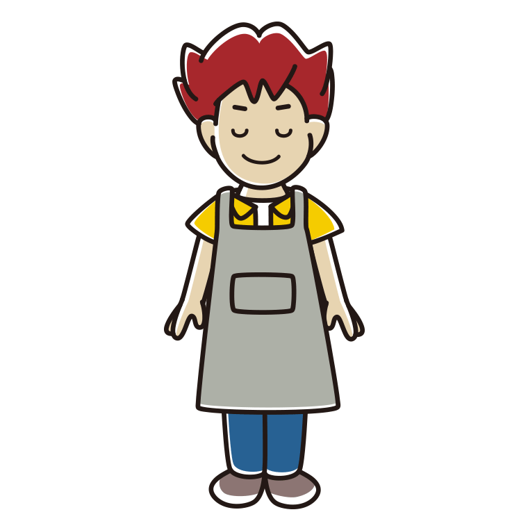 目を閉じるエプロン姿の男子大学生のイラスト【色あり、背景なし】透過PNG