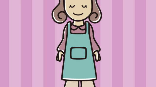 目を閉じるエプロン姿の女子大学生のイラスト【色、背景あり】PNG