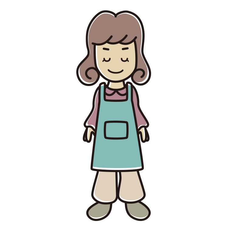 目を閉じるエプロン姿の女子大学生のイラスト【色あり、背景なし】透過PNG